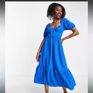 Stradivarius textured midi dress in blue